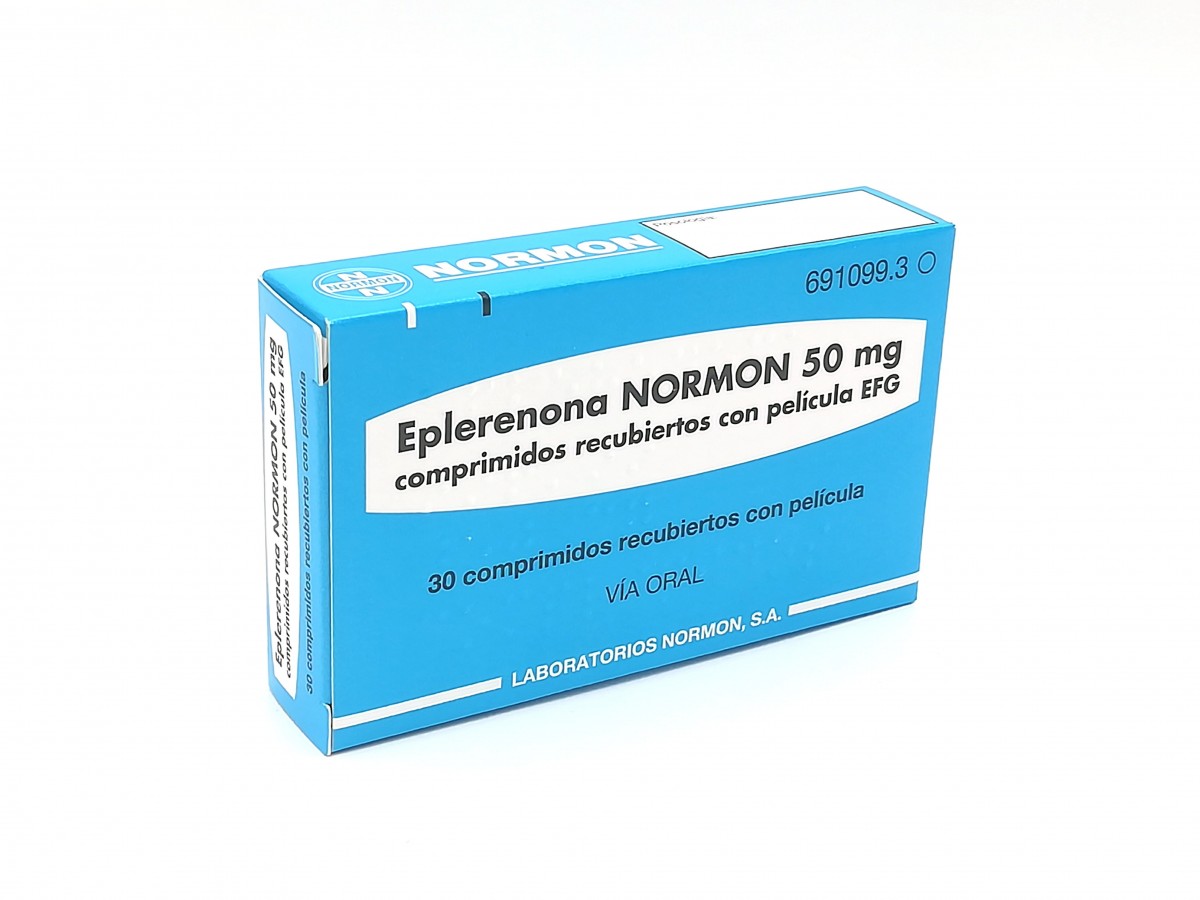 EPLERENONA NORMON 50 mg COMPRIMIDOS RECUBIERTOS CON PELICULA EFG, 30 comprimidos fotografía del envase.