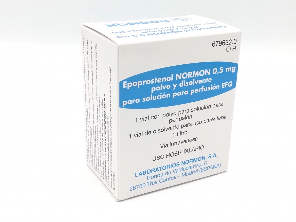 EPOPROSTENOL NORMON 0,5 mg POLVO Y DISOLVENTE PARA SOLUCION PARA PERFUSION EFG, 1 vial + 1 vial de disolvente fotografía del envase.