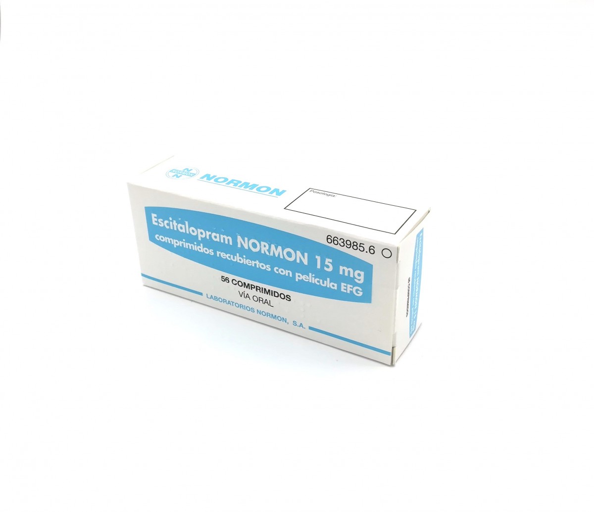 ESCITALOPRAM NORMON 15 mg COMPRIMIDOS RECUBIERTOS CON PELICULA EFG, 56 comprimidos fotografía del envase.