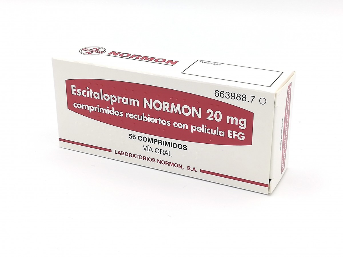 ESCITALOPRAM NORMON 20 mg COMPRIMIDOS RECUBIERTOS CON PELICULA EFG, 56 comprimidos fotografía del envase.
