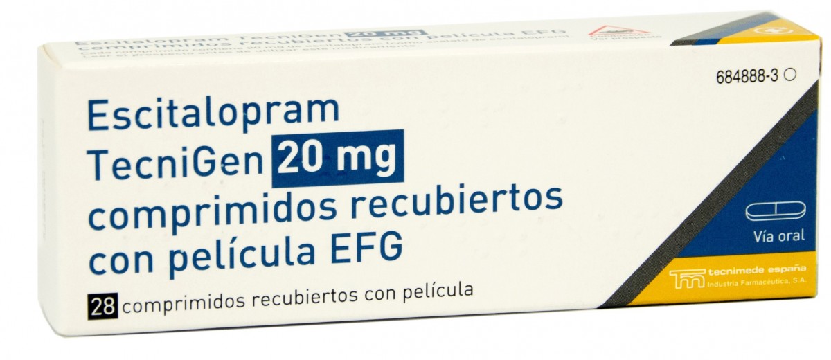 ESCITALOPRAM TECNIGEN  20 mg COMPRIMIDOS RECUBIERTOS CON PELICULA EFG , 56 comprimidos fotografía del envase.