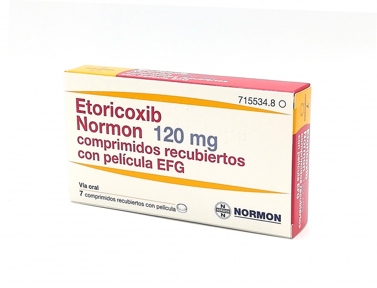 ETORICOXIB NORMON 120 MG COMPRIMIDOS RECUBIERTOS CON PELiCULA EFG, 7 comprimidos (Blister Al-Al/PA/PVC) fotografía del envase.
