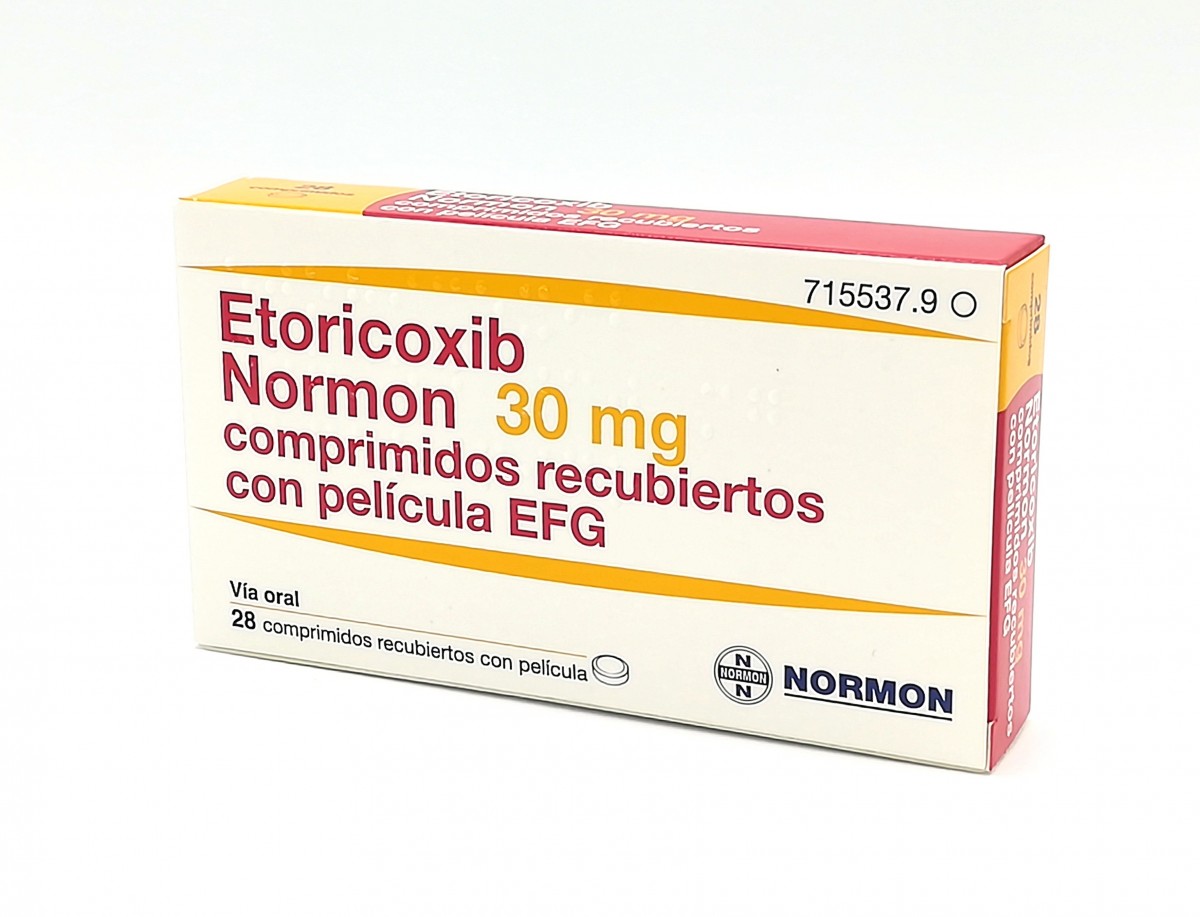 ETORICOXIB NORMON 30 MG COMPRIMIDOS RECUBIERTOS CON PELICULA EFG, 28 comprimidos (Blister Al-Al/PA/PVC) fotografía del envase.