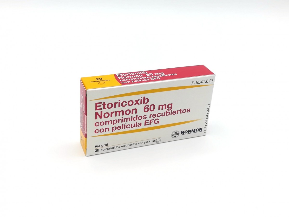 ETORICOXIB NORMON 60 MG COMPRIMIDOS RECUBIERTOS CON PELICULA EFG, 28 comprimidos (Blister Al-Al/PA/PVC) fotografía del envase.
