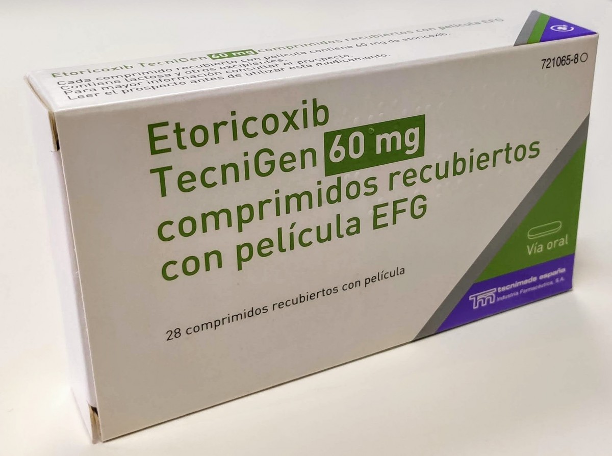ETORICOXIB TECNIGEN 60 MG COMPRIMIDOS RECUBIERTOS CON PELICULA EFG 28 comprimidos fotografía del envase.