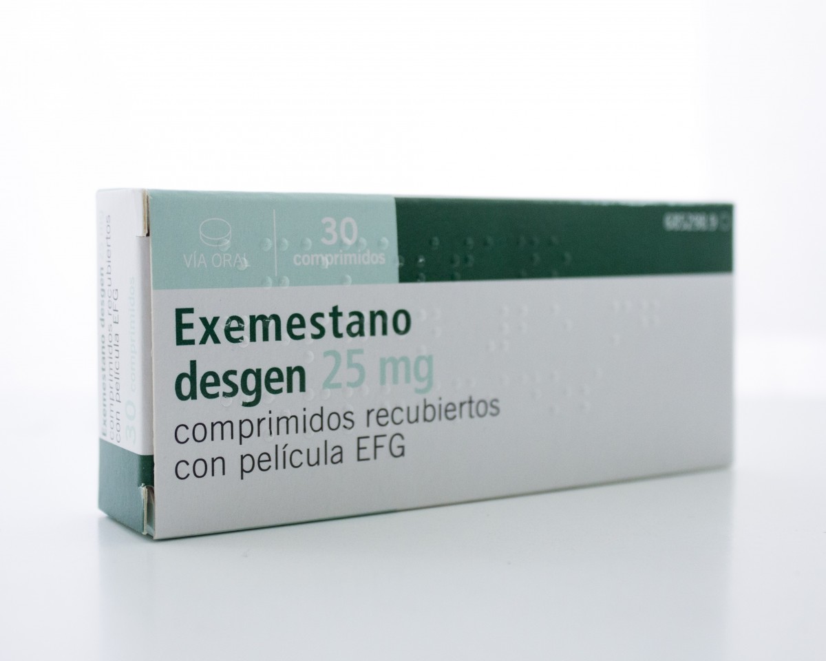 EXEMESTANO DESGEN 25 mg COMPRIMIDOS RECUBIERTOS CON PELÍCULA EFG , 100 comprimidos fotografía del envase.