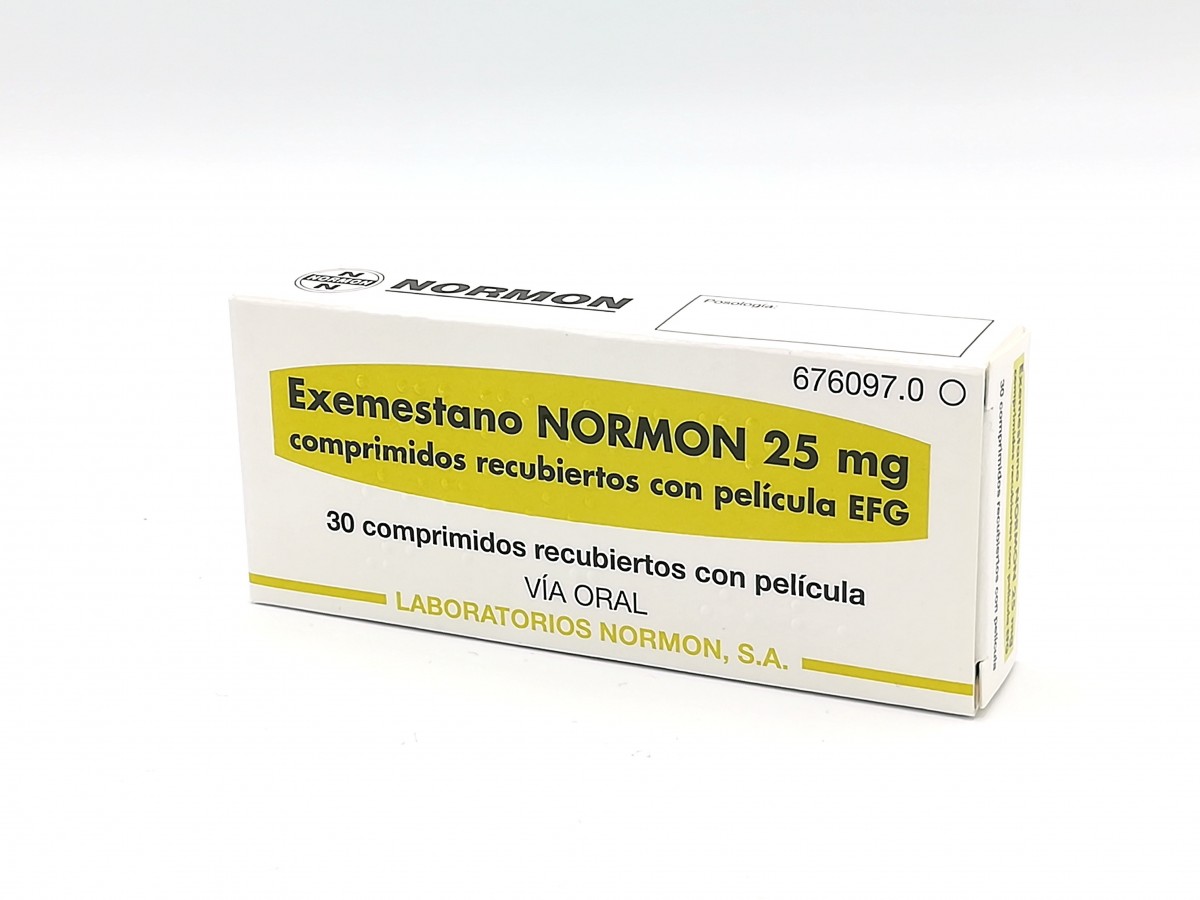 EXEMESTANO NORMON 25 mg COMPRIMIDOS RECUBIERTOS CON PELICULA EFG, 30 comprimidos fotografía del envase.