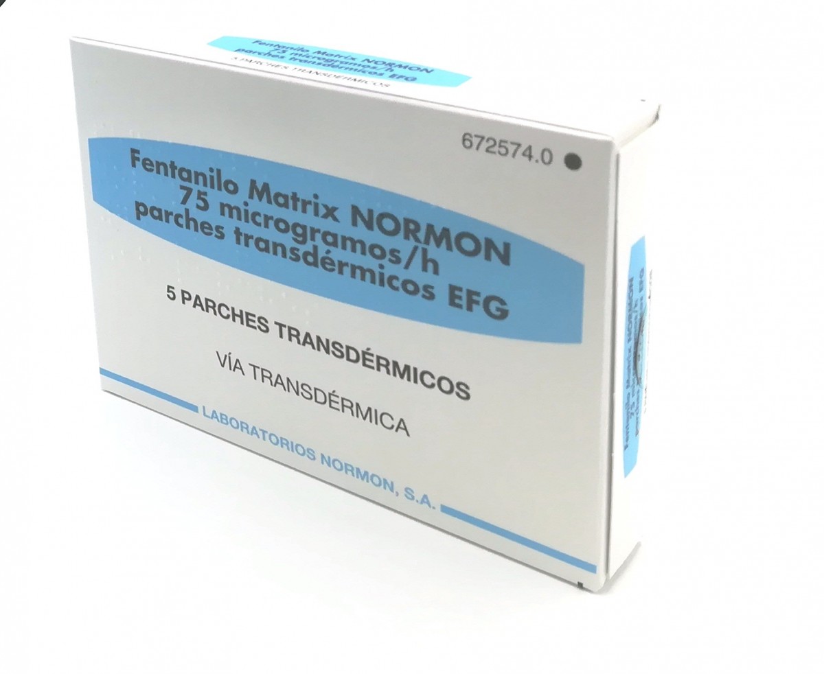 FENTANILO MATRIX NORMON 75 microgramos/H PARCHES TRANSDERMICOS EFG, 5 parches fotografía del envase.