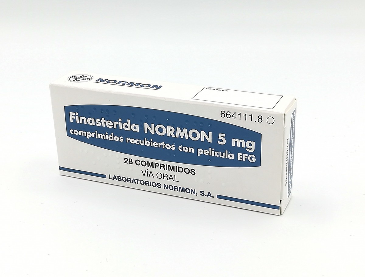 FINASTERIDA NORMON 5 mg COMPRIMIDOS RECUBIERTOS CON PELICULA EFG , 28 comprimidos fotografía del envase.