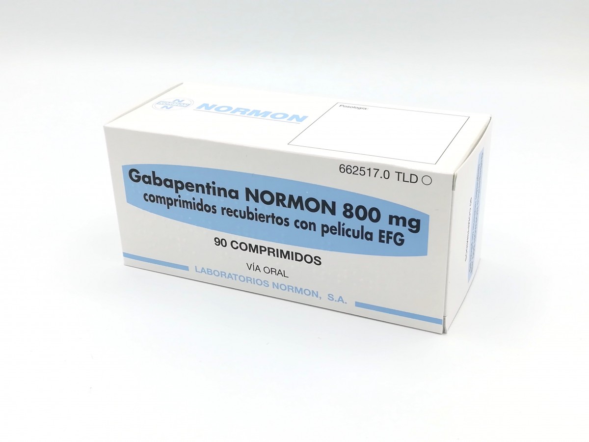 GABAPENTINA NORMON 800 mg COMPRIMIDOS RECUBIERTOS CON PELICULA EFG , 500 comprimidos fotografía del envase.