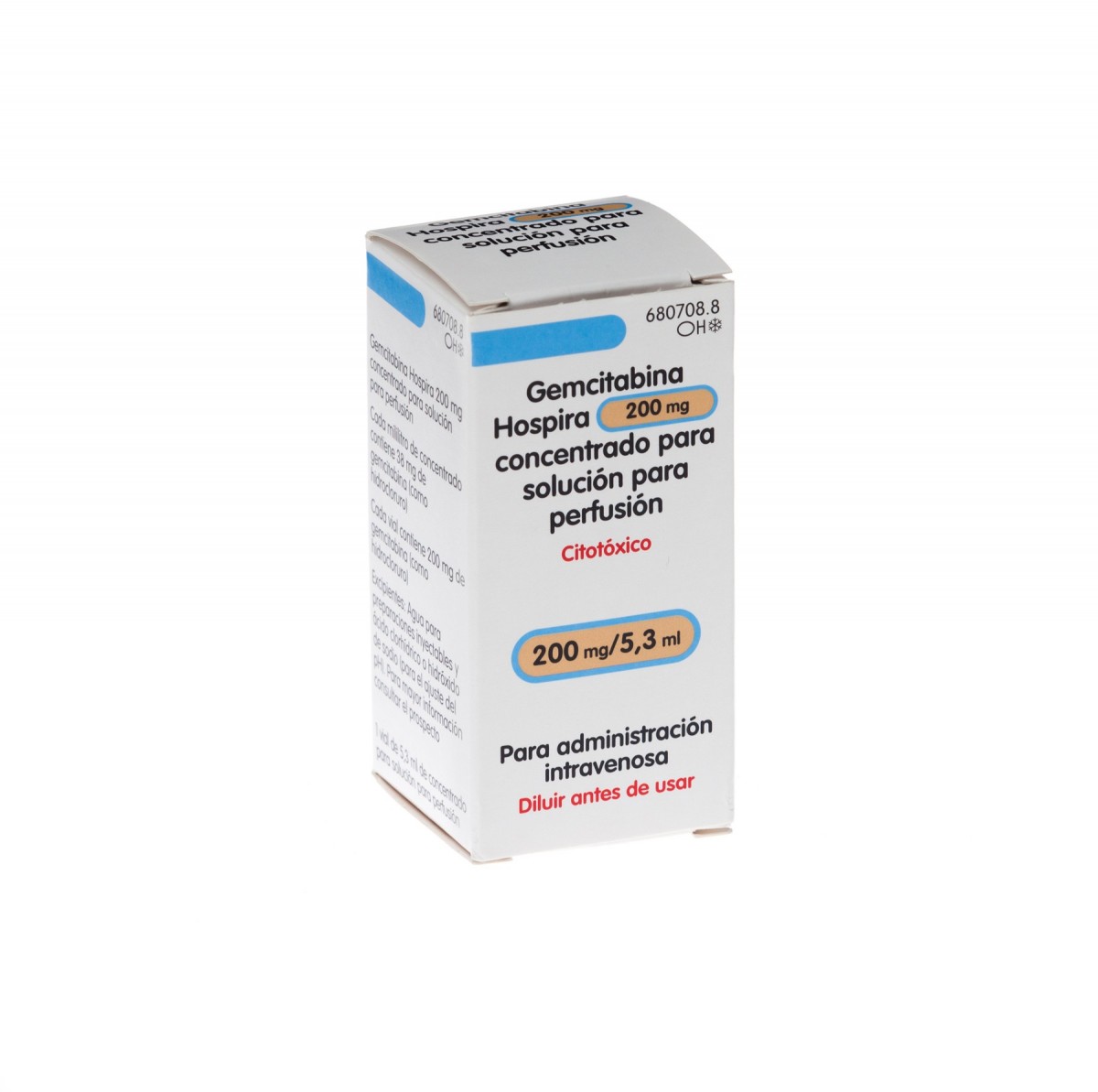 GEMCITABINA HOSPIRA 200 mg CONCENTRADO PARA SOLUCION PARA PERFUSION , 1 vial de 5,3 ml fotografía del envase.