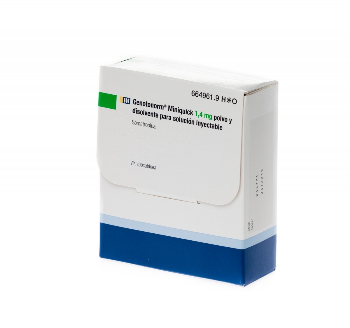 GENOTONORM MINIQUICK 1,4 mg POLVO Y DISOLVENTE PARA SOLUCION INYECTABLE , 28 (4 x 7) viales de doble cámara fotografía del envase.