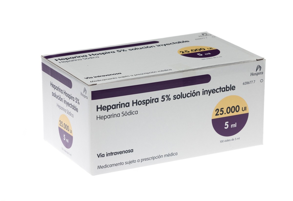 HEPARINA HOSPIRA 5% SOLUCION INYECTABLE,  1 vial de 5 ml fotografía del envase.