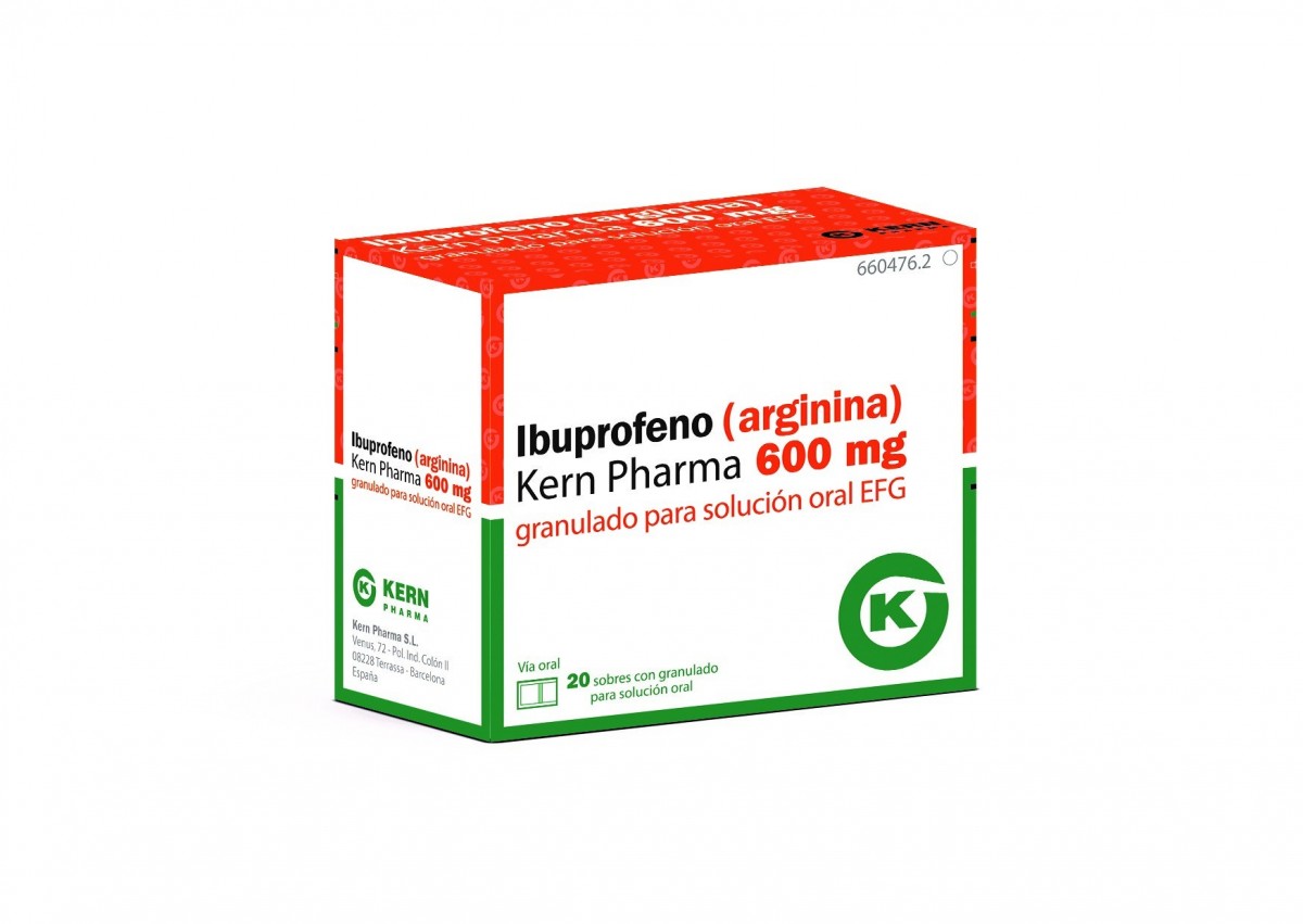 IBUPROFENO (ARGININA) KERN PHARMA 600 mg GRANULADO PARA SOLUCION ORAL EFG, 40 sobres fotografía del envase.