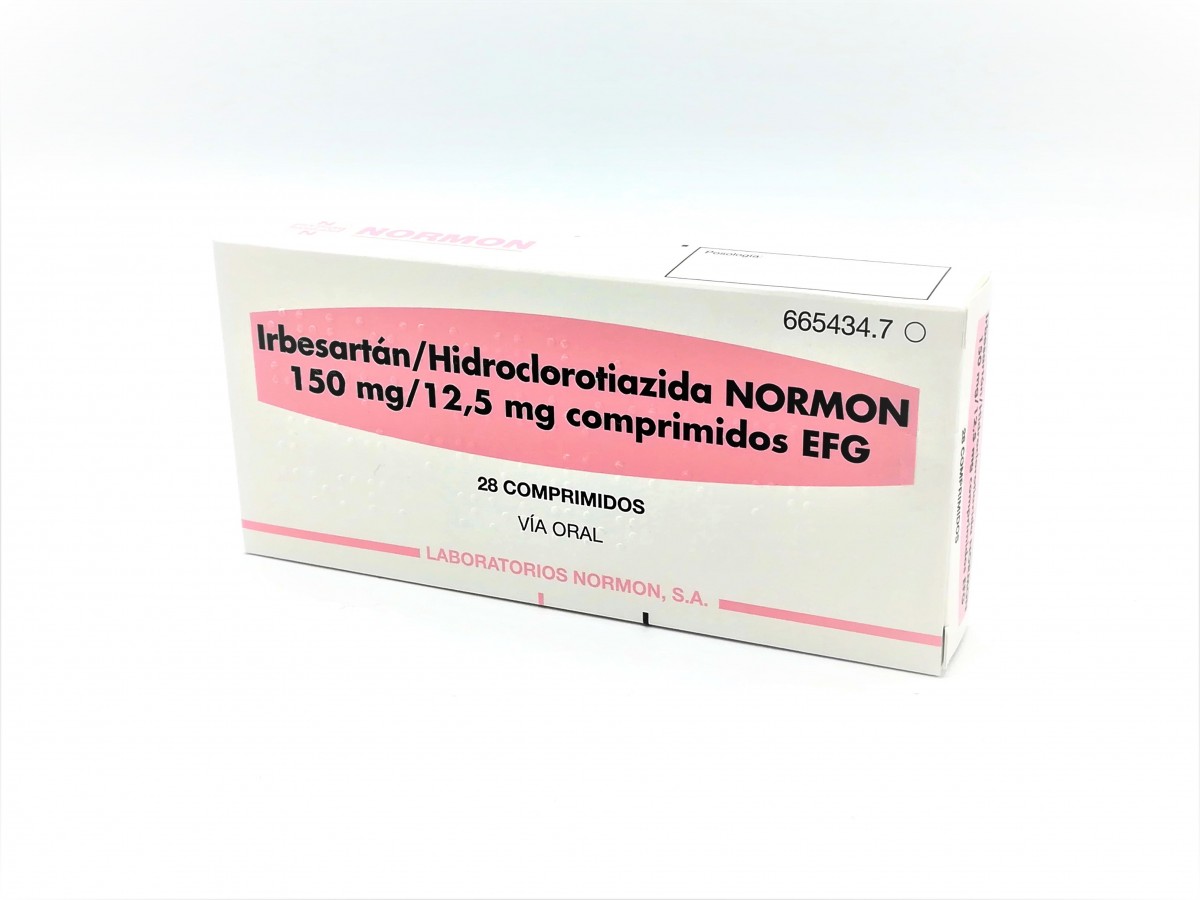 IRBESARTAN/HIDROCLOROTIAZIDA NORMON 150 mg/12,5 mg COMPRIMIDOS EFG, 28 comprimidos fotografía del envase.
