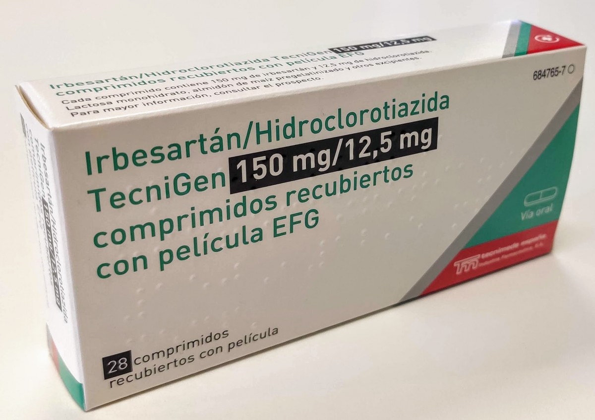 IRBESARTAN/HIDROCLOROTIAZIDA TECNIGEN 150 mg/12,5 mg COMPRIMIDOS RECUBIERTOS CON PELICULA EFG , 28 comprimidos fotografía del envase.