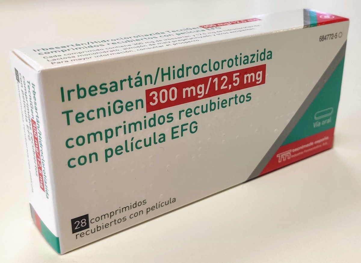 IRBESARTAN/HIDROCLOROTIAZIDA TECNIGEN 300 mg/12,5  mg COMPRIMIDOS RECUBIERTOS CON PELICULA EFG , 28 comprimidos fotografía del envase.