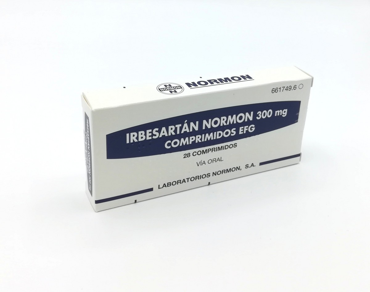 IRBESARTAN NORMON 300 mg COMPRIMIDOS EFG, 28 comprimidos fotografía del envase.