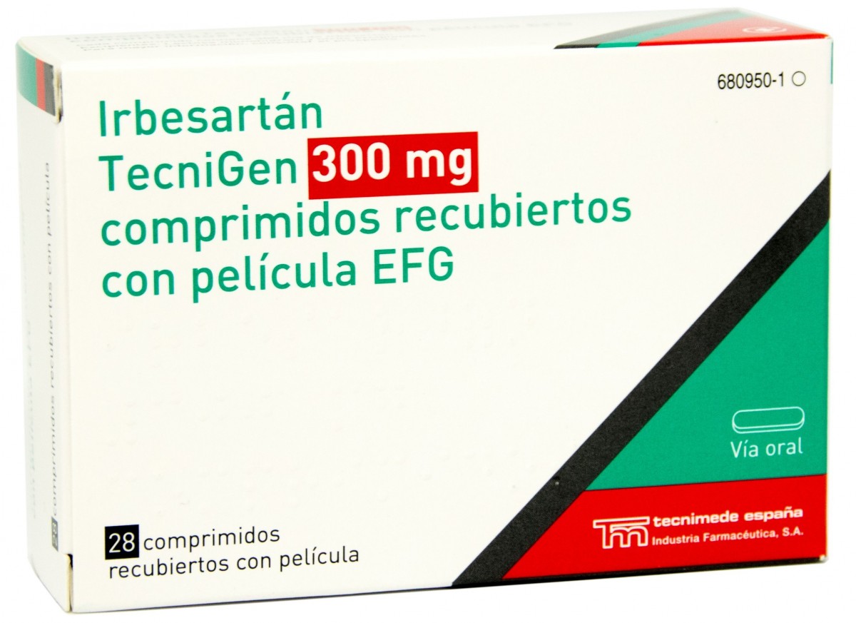 IRBESARTAN TECNIGEN 300 mg COMPRIMIDOS RECUBIERTOS CON PELICULA EFG, 28 comprimidos fotografía del envase.