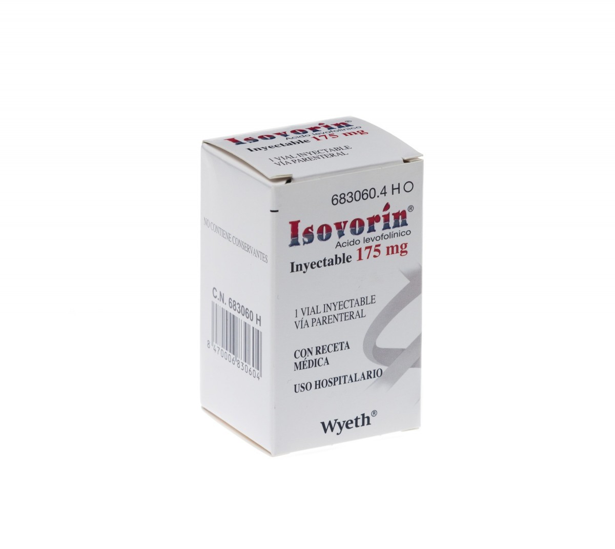 ISOVORIN 175 mg INYECTABLE, 1 vial de 38 ml fotografía del envase.