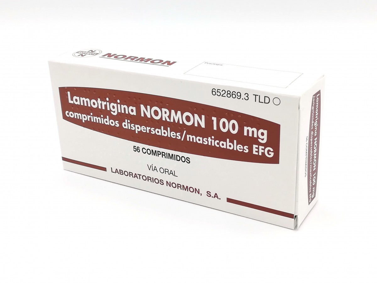 LAMOTRIGINA NORMON 100 mg COMPRIMIDOS DISPERSABLES/MASTICABLES EFG, 56 comprimidos fotografía del envase.