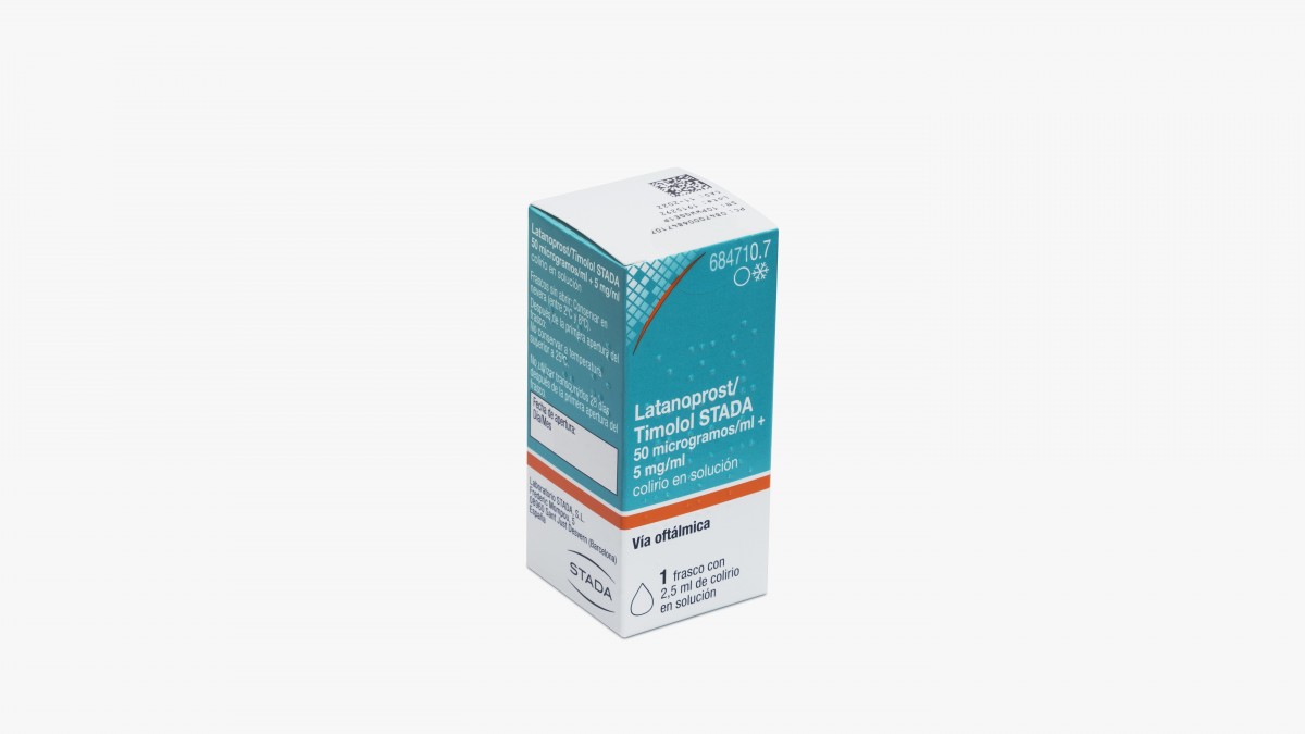 LATANOPROST/TIMOLOL STADA 50 microgramos/ml / 5 mg/ml COLIRIO EN SOLUCION , 1 frasco de 2,5 ml fotografía del envase.