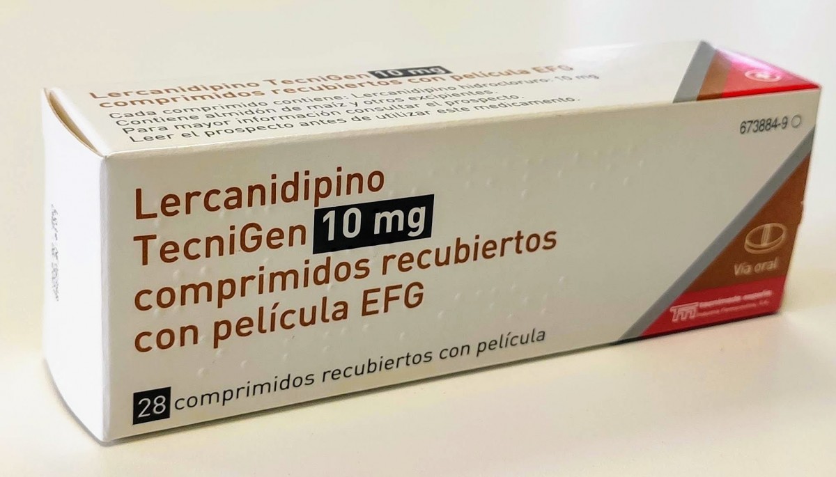 LERCANIDIPINO TECNIGEN 10 mg COMPRIMIDOS RECUBIERTOS CON PELICULA EFG, 28 comprimidos fotografía del envase.