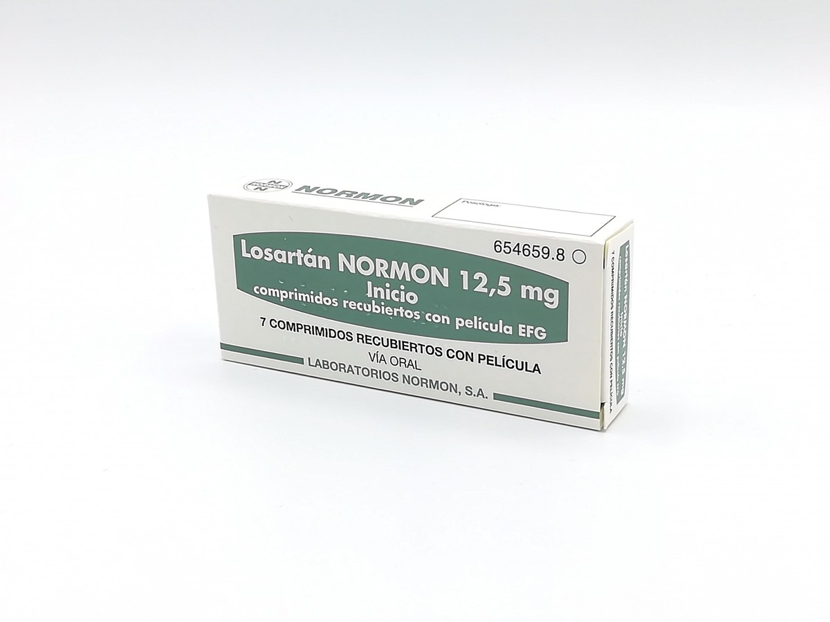 LOSARTAN NORMON 12,5 mg INICIO COMPRIMIDOS RECUBIERTOS CON PELICULA EFG , 7 comprimidos fotografía del envase.