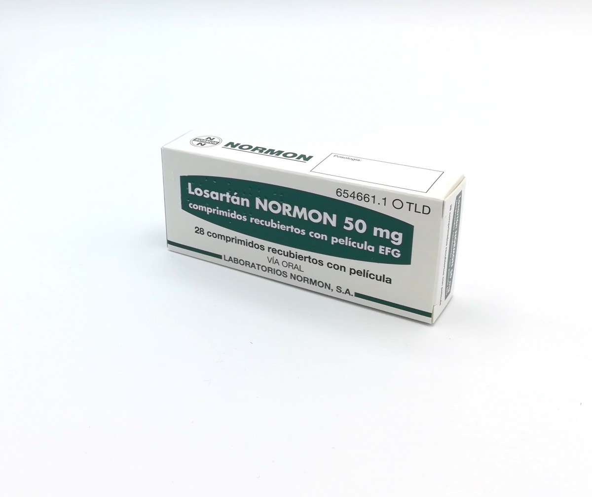 LOSARTAN NORMON 50 mg COMPRIMIDOS RECUBIERTOS CON PELICULA EFG, 500 comprimidos fotografía del envase.