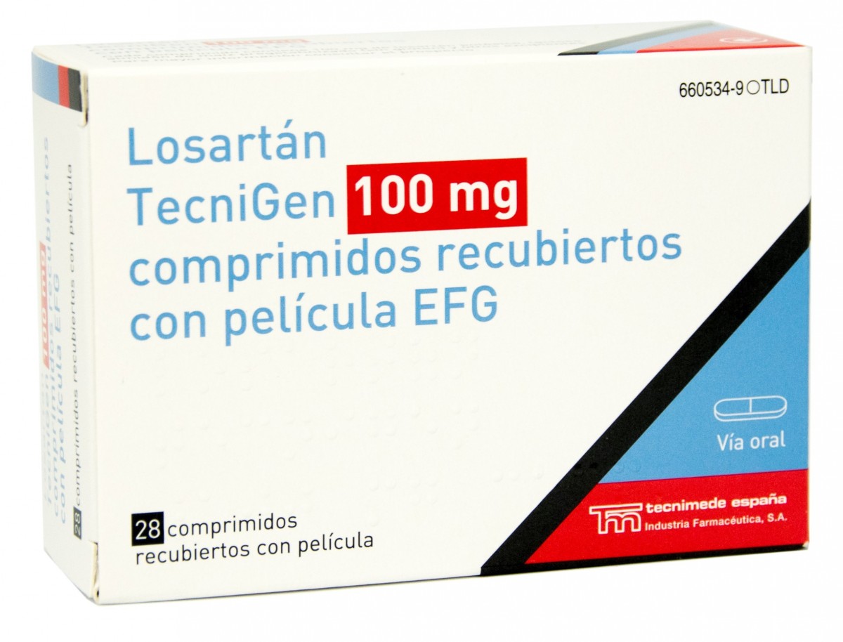 LOSARTAN TECNIGEN 100 mg COMPRIMIDOS RECUBIERTOS CON PELICULA EFG, 28 comprimidos fotografía del envase.
