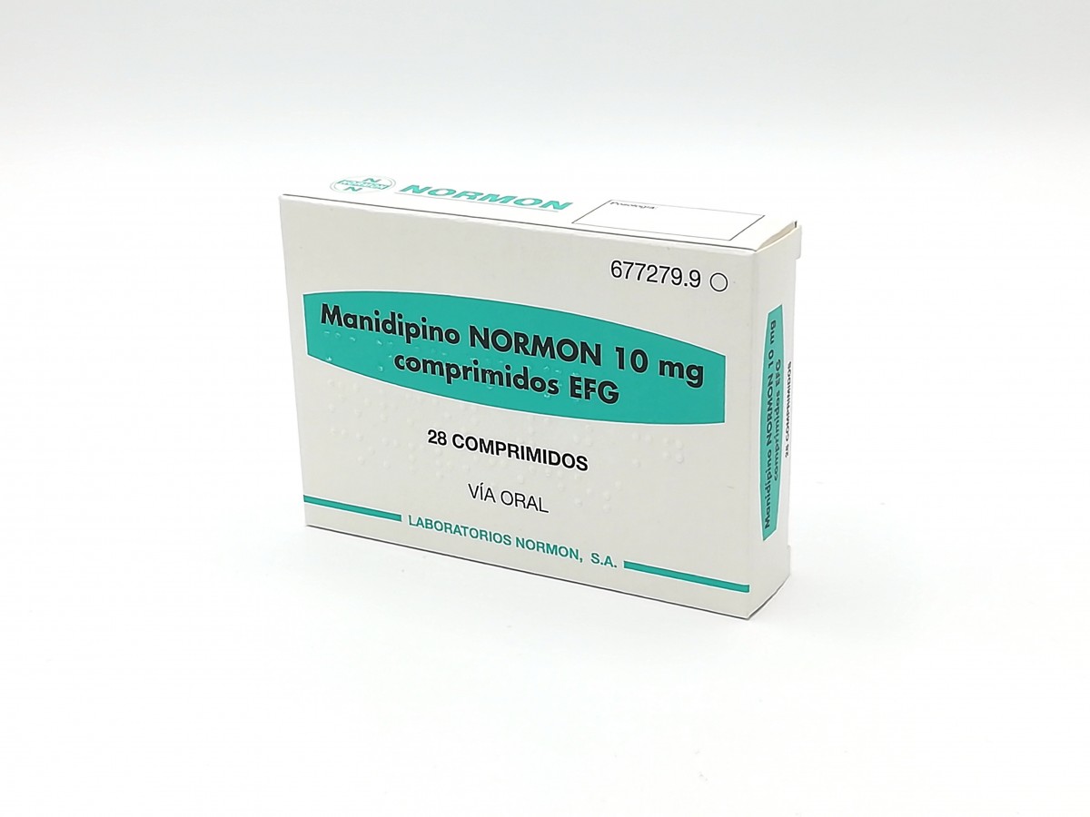 MANIDIPINO NORMON 10 mg COMPRIMIDOS EFG, 28 comprimidos fotografía del envase.