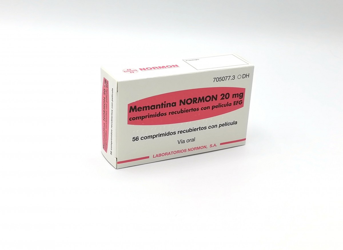 MEMANTINA NORMON 20 MG COMPRIMIDOS RECUBIERTOS CON PELICULA EFG , 56 comprimidos (Blister PVDC/PVC/Aluminio) fotografía del envase.