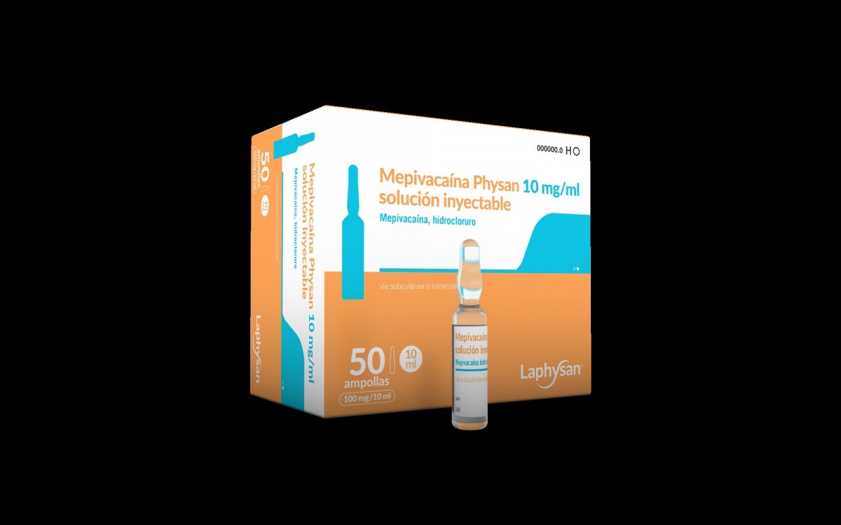 MEPIVACAINA PHYSAN 10 mg/ml SOLUCION INYECTABLE, 50 ampollas de 10 ml fotografía del envase.