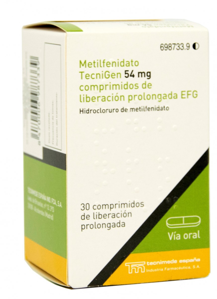 METILFENIDATO TECNIGEN 54 MG COMPRIMIDOS DE LIBERACION PROLONGADA EFG 30 comprimidos fotografía del envase.