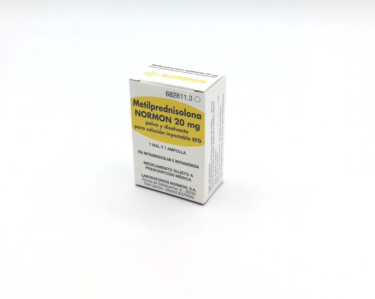 METILPREDNISOLONA NORMON 20 mg POLVO Y DISOLVENTE PARA SOLUCION INYECTABLE EFG, 1 vial + 1 ampolla de disolvente fotografía del envase.