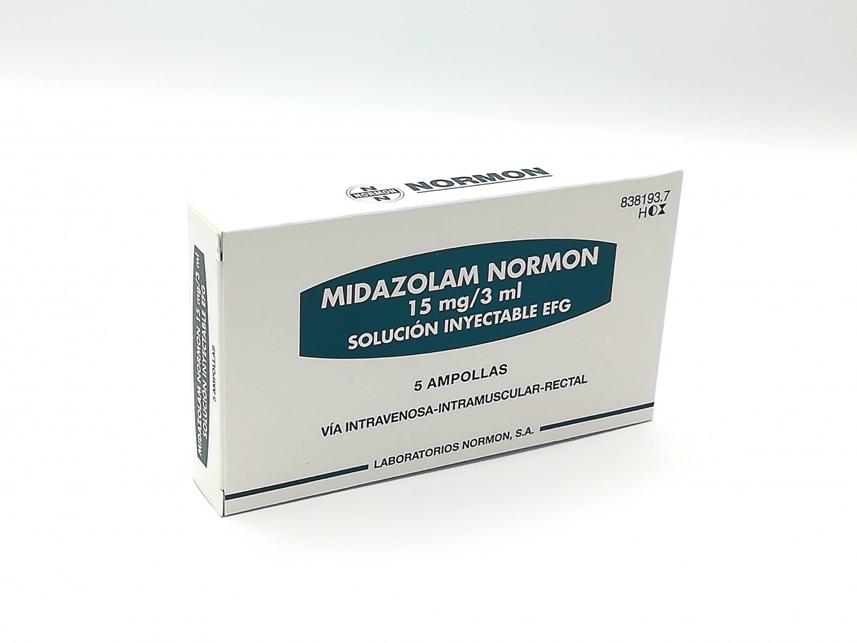 MIDAZOLAM NORMON 5 MG/ML SOLUCIÓN INYECTABLE Y PARA PERFUSIÓN EFG, 50 ampollas de 3 ml fotografía del envase.