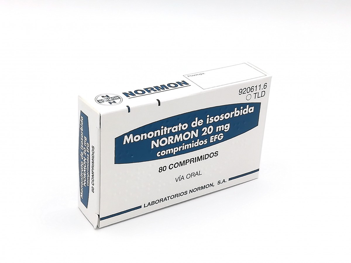 MONONITRATO DE ISOSORBIDA NORMON 20 mg COMPRIMIDOS EFG, 500 comprimidos fotografía del envase.
