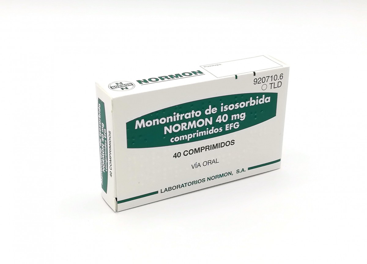 MONONITRATO DE ISOSORBIDA NORMON 40 mg COMPRIMIDOS EFG, 40 comprimidos fotografía del envase.