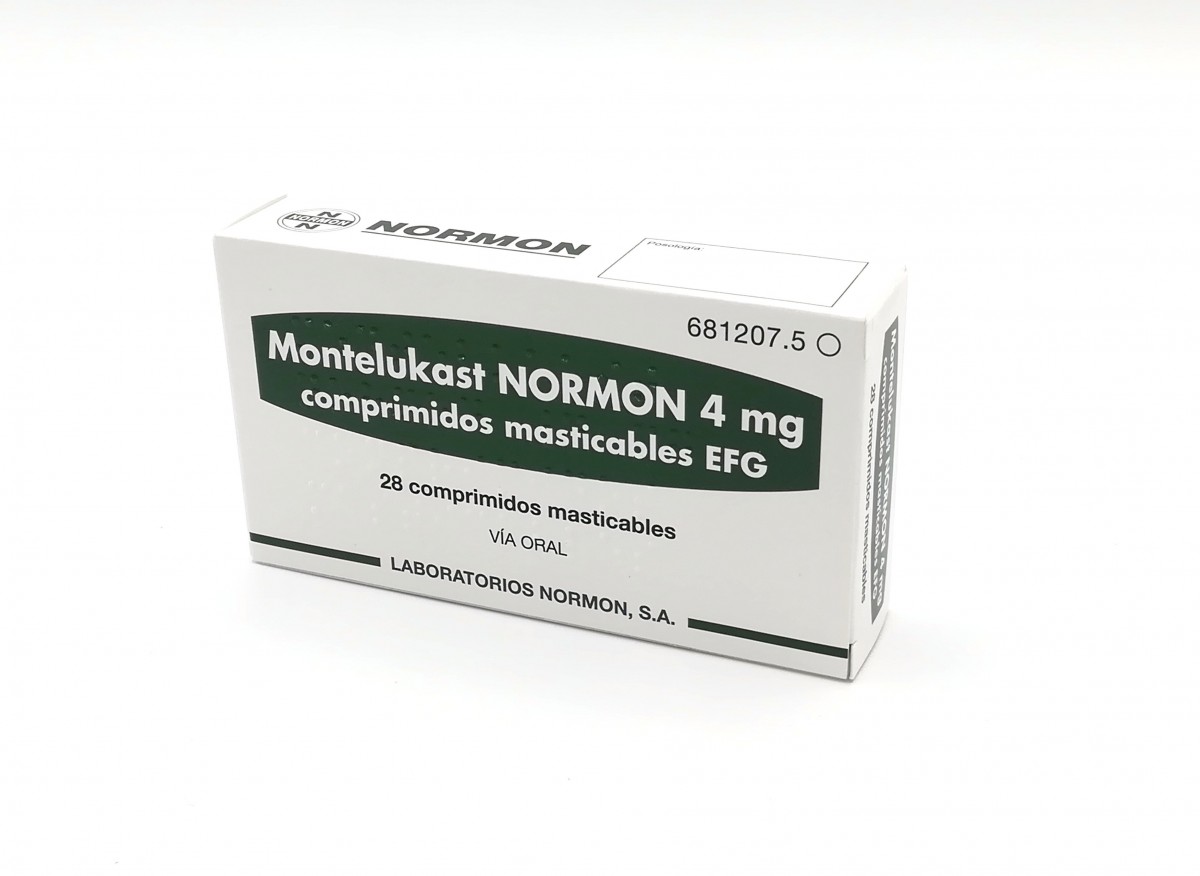 MONTELUKAST NORMON 4 mg COMPRIMIDOS MASTICABLES EFG , 28 comprimidos fotografía del envase.