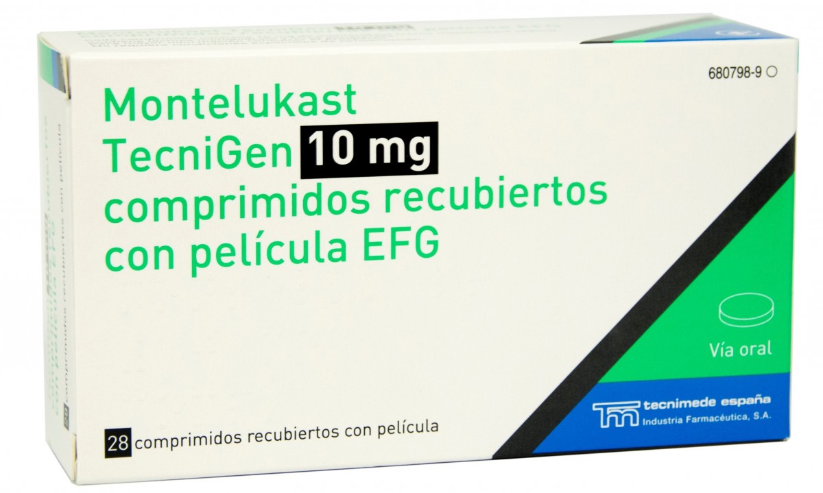 MONTELUKAST TECNIGEN 10 mg COMPRIMIDOS RECUBIERTOS CON PELICULA EFG, 28 comprimidos fotografía del envase.
