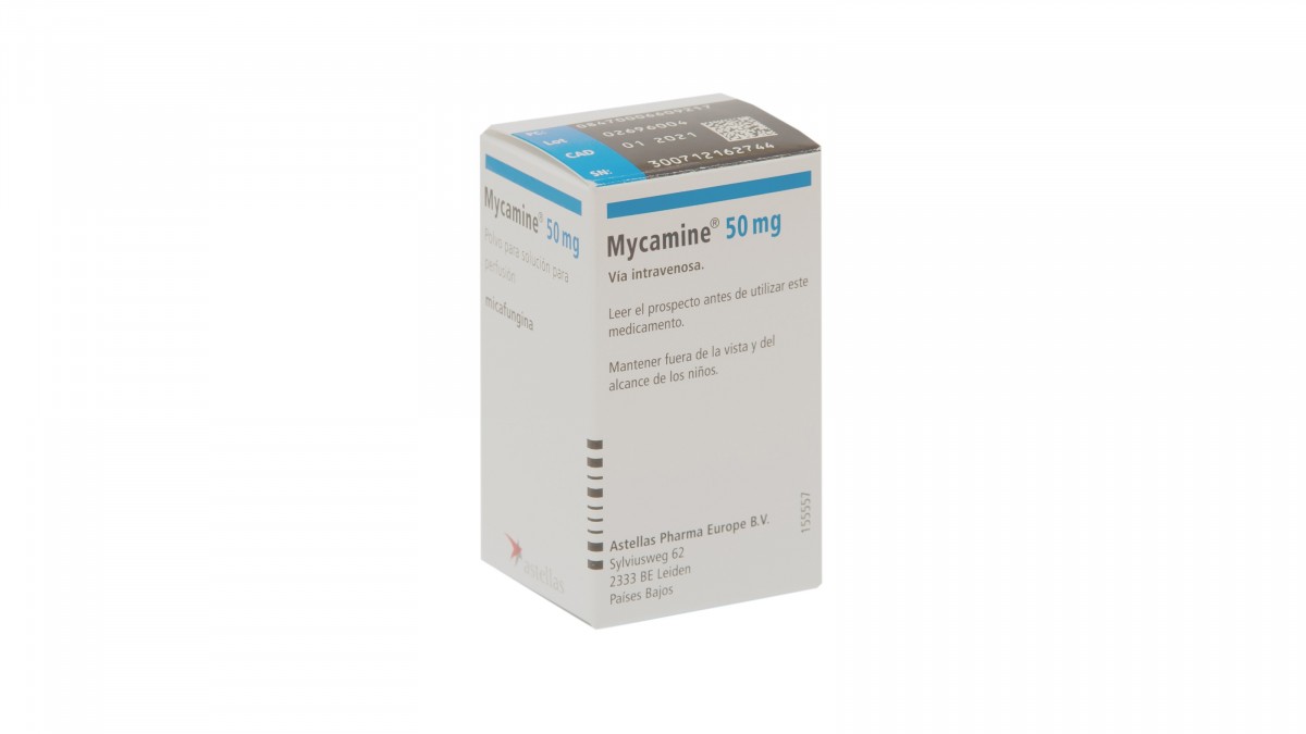 MYCAMINE 50 mg POLVO PARA SOLUCION PARA PERFUSION , 1 vial fotografía del envase.
