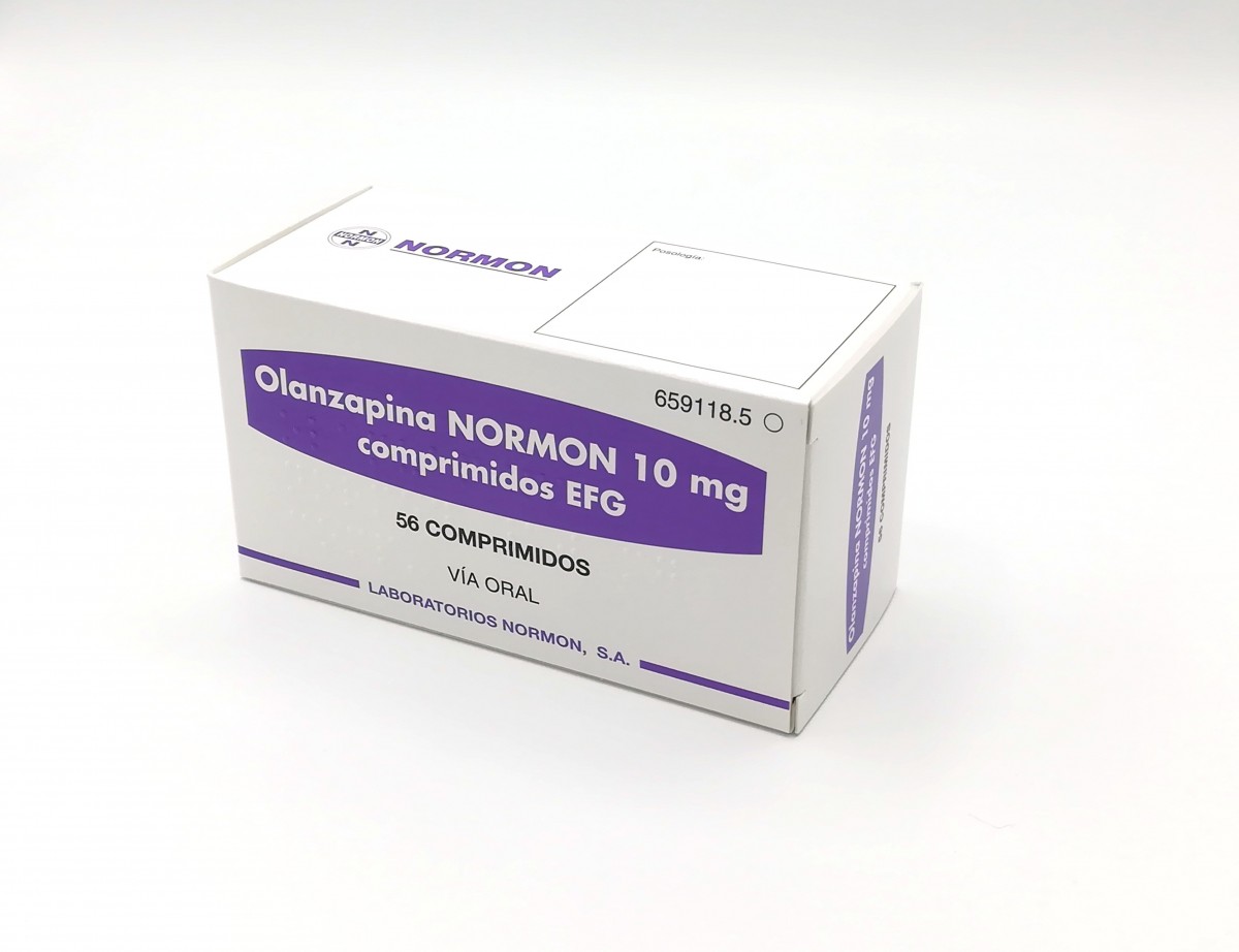 OLANZAPINA NORMON 10 mg COMPRIMIDOS EFG , 56 comprimidos fotografía del envase.