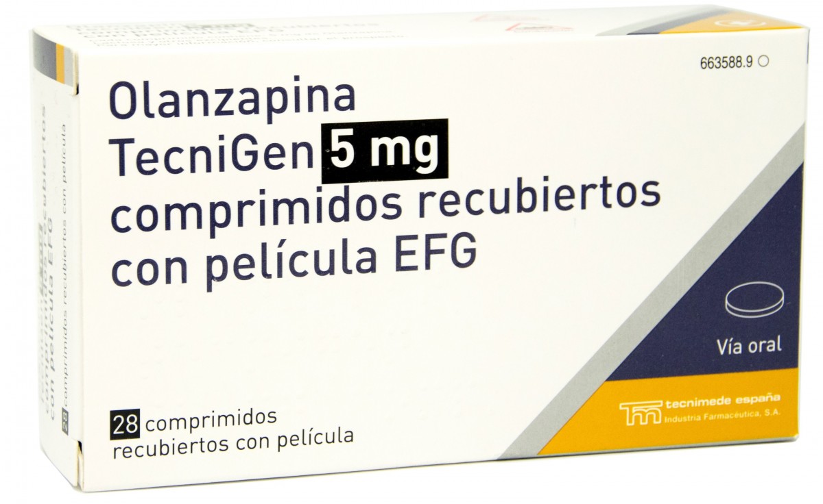 OLANZAPINA TECNIGEN 5 mg COMPRIMIDOS RECUBIERTOS CON PELICULA EFG, 28 comprimidos fotografía del envase.