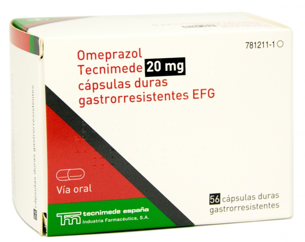 OMEPRAZOL TECNIGEN 20 mg CAPSULAS DURAS GASTRORRESISTENTES  EFG , 56 cápsulas fotografía del envase.
