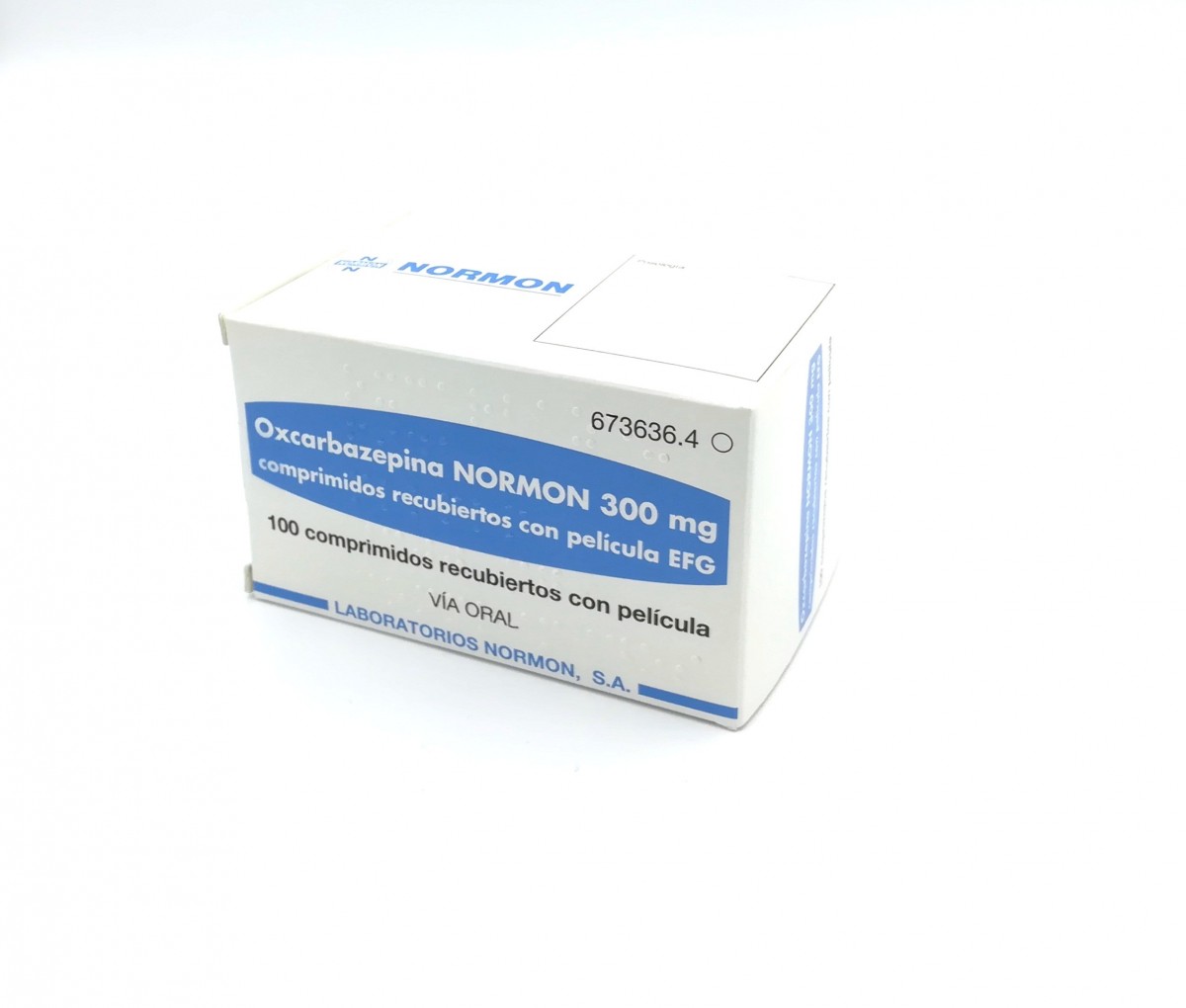 OXCARBAZEPINA NORMON 300 mg COMPRIMIDOS RECUBIERTOS CON PELICULA EFG , 100 comprimidos fotografía del envase.