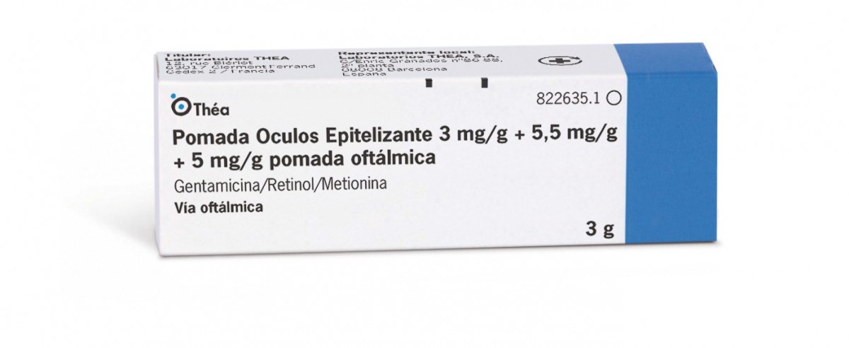 POMADA OCULOS EPITELIZANTE 3 mg/g + 5,5 mg/g + 5mg/g POMADA OFTALMICA , 1 tubo de 3 g fotografía del envase.