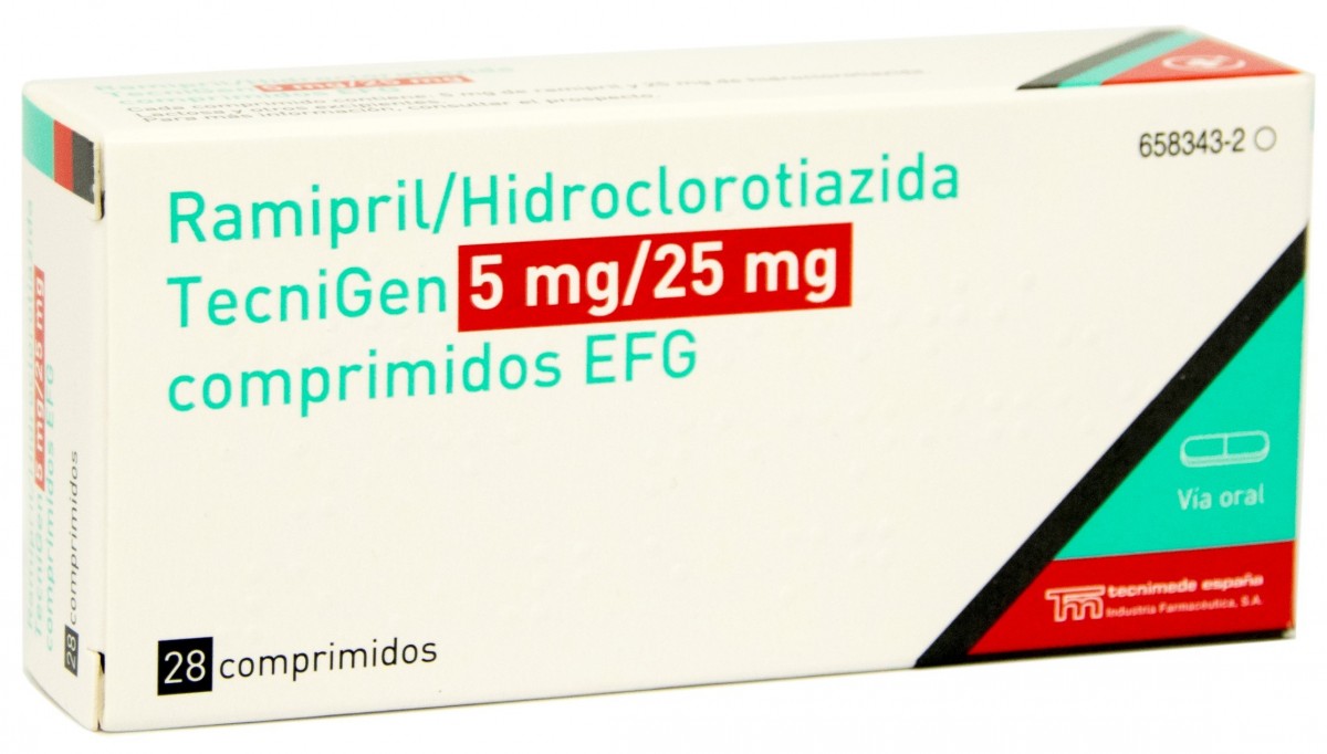 RAMIPRIL/HIDROCLOROTIAZIDA TECNIGEN 5/25 mgCOMPRIMIDOS EFG, 28 comprimidos fotografía del envase.