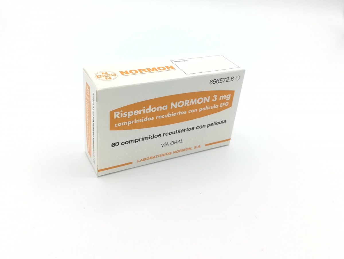 RISPERIDONA NORMON 3 mg COMPRIMIDOS RECUBIERTOS CON PELICULA EFG, 20 comprimidos fotografía del envase.