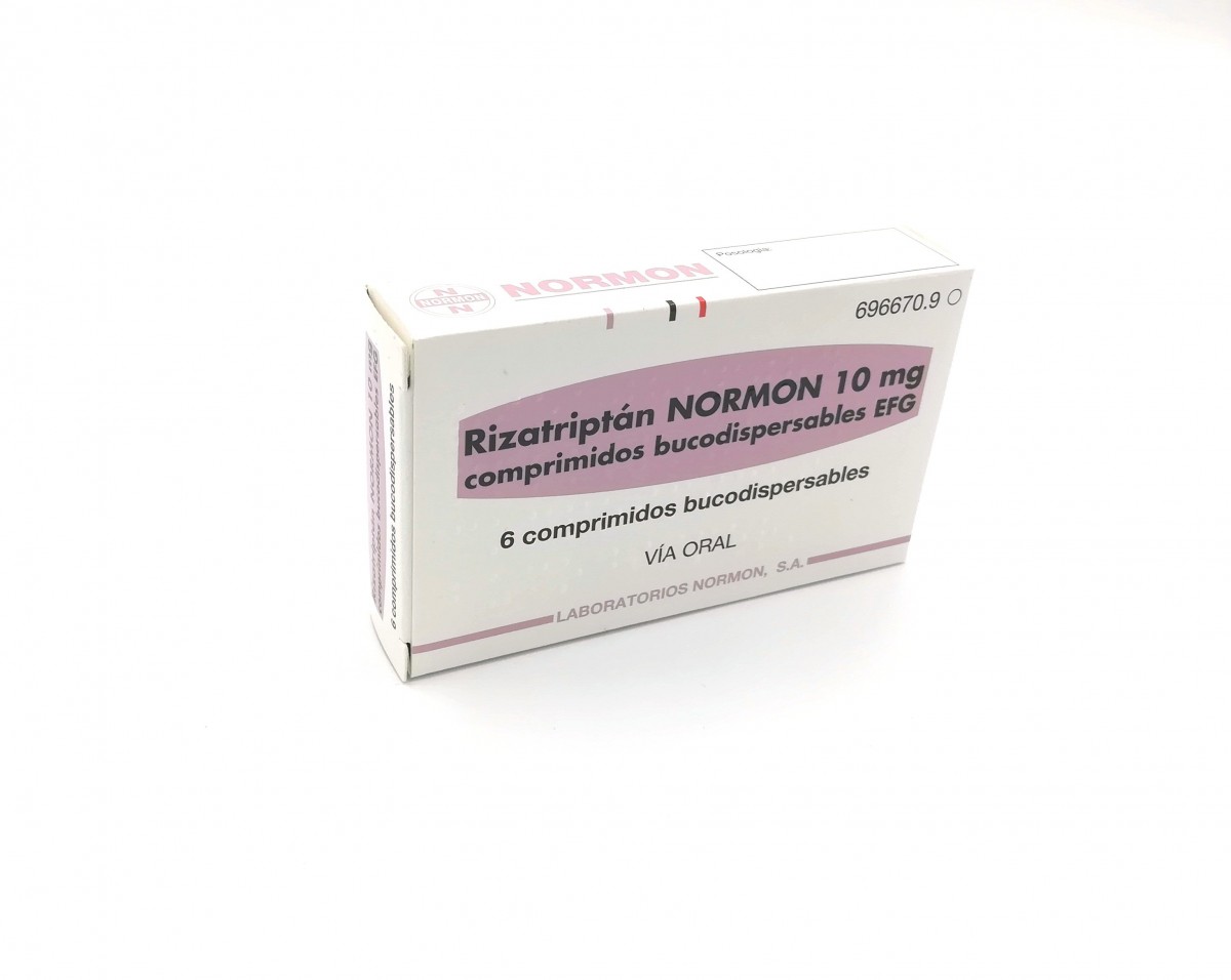 RIZATRIPTAN NORMON 10 MG COMPRIMIDOS BUCODISPERSABLES EFG, 2 comprimidos fotografía del envase.