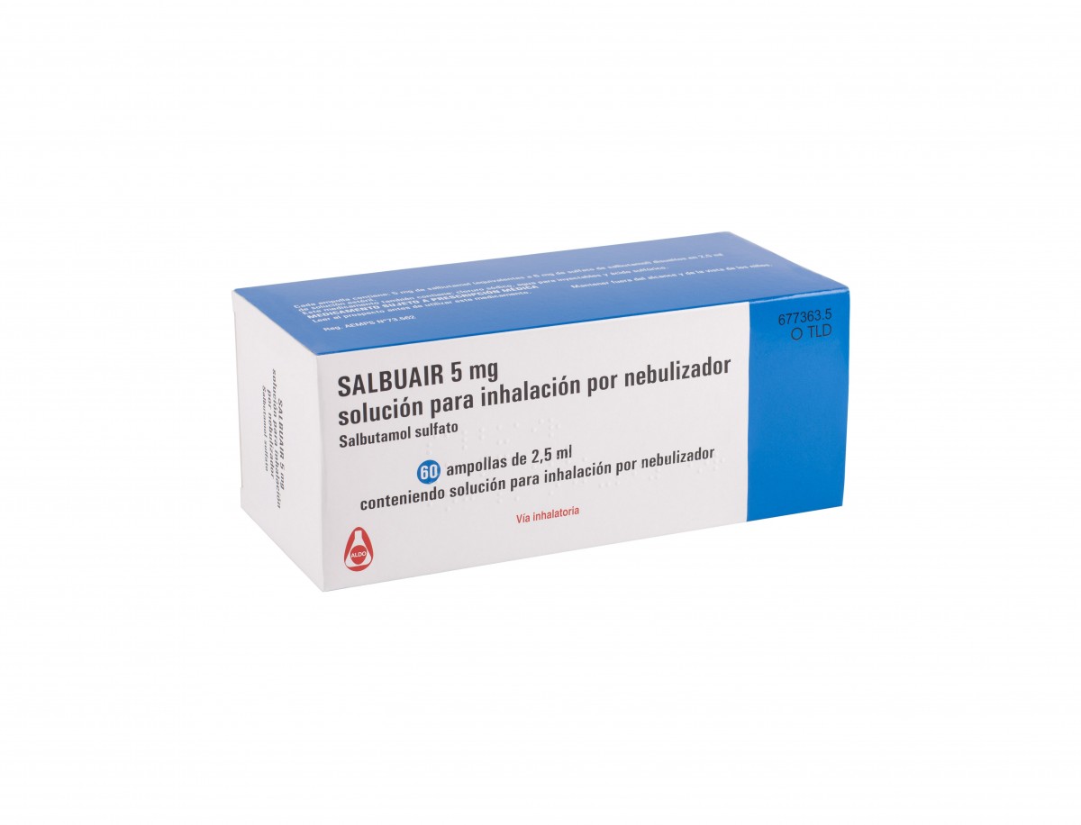 SALBUAIR 5 mg SOLUCION PARA INHALACION POR NEBULIZADOR, 60 ampollas de 2,5 ml fotografía del envase.